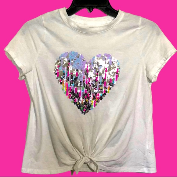 Girls White Crop Top Tee Front Tie Mermaid Sequin Heart Plus Size L 10/12 - Picture 1 of 9